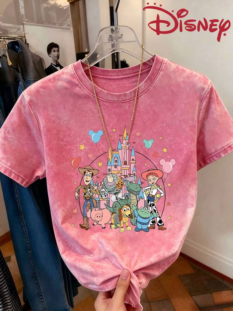 Disney Toy Story Castle Cartoon Printed Washed Cotton Round Neck Loose Short Sleeved T-Shirt, Y2K Style, Youthful Design, Suitable For Daily, Street, Outdoor And Party Wear. - Màu Hồng Tươi - Xem 1