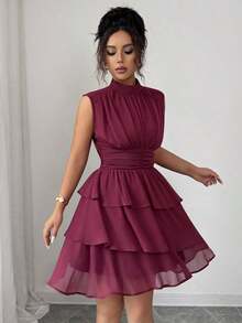 Vestido corto italiano de mujer de gasa con cuello pequeño, cintura recogida, volantes en el bajo y sin mangas, para uso casual, viajes, tardes de té, en colores lisos, para primavera/verano - Rojo violeta - Ver 12