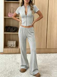 Conjunto de chaqueta y pantalones ajustados de mujer, traje informal - Gris - Ver 4