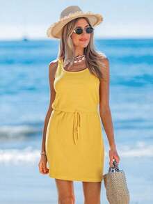 Vestido casual minimalista de estilo urbano color albaricoque de 2 en 1 con top corto para mujer, otoño - Amarillo - Ver 1