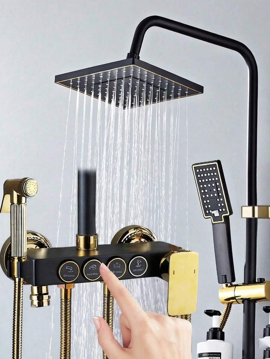 Shower System With 8-Inch Rain Shower Head And Handheld Shower, Black And Gold Exposed Shower System, 4-Function Bathtub Shower Faucet Set, Rain Shower Head With Handheld Sprayer, Complete Shower System Kit With Brass Valve (Some Parts Random, Some Packaging Random) - Black Gold - View 1