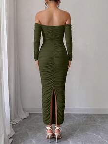 PRETTYGARDEN Womens  Fall Long Sleeve Maxi Dress Off Shoulder Mesh Ruched Bodycon  Long Wedding Guest Christmas New Years Valentine Vacation Dresses For Women Elegant - 軍綠色 - 查看 2