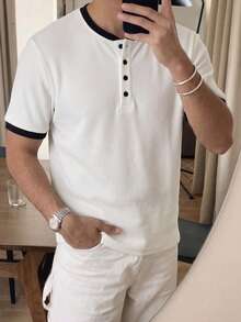 Men's Contrast Color Henley Neck Short Sleeve T-Shirt, Waffle Texture Loose Casual Versatile All-Match Tee For Summer - White - View 5