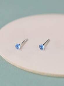 1 Pair S925 Sterling Silver Mini Sparkling Blue Zirconia Stud Earrings, Minimalist Design, Niche Elegant, Suitable For Women's Daily Commute, Vacation, Party, Can Be Stacked, Fashionable And Personalized Accessory For Pierced Ears - Drill - View 2