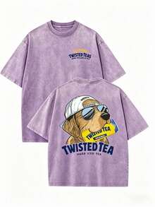 Vintage Washed Dog Graphic T‑Shirt, Retro Sunglasses Dog Print Crew Neck Short Sleeve Casual Fall Streetwear Oversized Tee For Women - 紫羅蘭色 - 查看 9