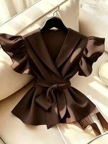 Elegant V-Neck Solid Color Ruffle Sleeve Tie Waist Shirt With Sash Summer - Brown - View 3