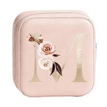 Caja de joyería portátil y mini, con letra dorada y estampado floral, caja de almacenamiento de múltiples capas pequeña para aretes, anillos, collares, organizador de joyas de viaje lindo para damas, caja de regalo de joyería compacta y artesanal, apilable para uso diario o viaje - Letra floral 1 - Ver 27