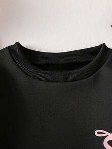 Young Girl Ribbon Bow Decor Round Neck Long Sleeve Top And Pants - Black - View 3