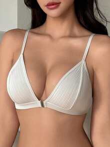 DAZY Sujetador cómodo sin aro con cierre delantero y diseño rayado sexy para lencería de novia - Blanco - Ver 3