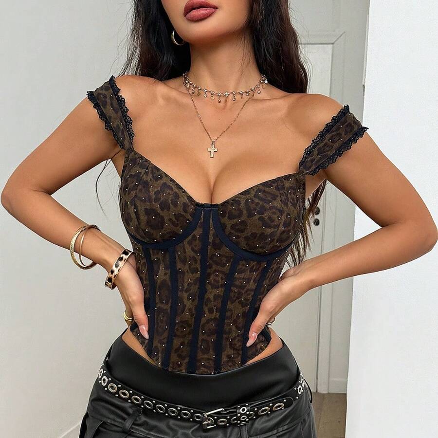 Women's Leopard Print Corset Top Brown Spaghetti Strap Bustier With Lace Up Front Stud Detail Sleeveless Y2K Punk Streetwear Summer Top - 深棕色 - 查看 1
