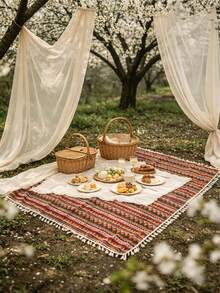 1pc Oversized Outdoor Picnic Blanket, Made Of High-Quality 100% Polyester Fabric, Elegant Green Leaf Print Design With Fringed Decor, Soft & Durable Foldable, Suitable For Forest Camping, Beach Vacation, Backyard Picnic And Family Gathering, Portable Decorative Camping Mat - Color - View 34