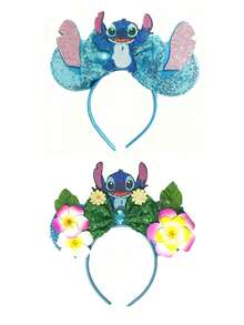 Disney 迪士尼可愛史迪奇亮片髮箍，飾有雞蛋花葉與刺繡蝴蝶結；時尚卡通角色耳朵髮箍；閃亮吸睛髮飾，適合化裝舞會、Cosplay、主題樂園參訪及其他場合 - 款式隨機 - 查看 6