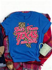 She's From Texas I Can Tell Retro Vintage Texas Girl T-Shirt,Women Summer Casual Graphic T-Shirt - 藍色 - 查看 8