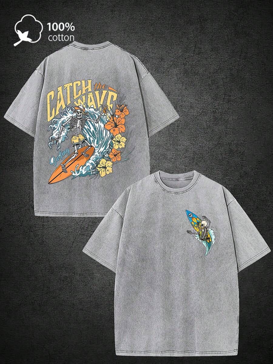 Summer ClothesSkull Surfing 100% Cotton 220gsm Washed T-Shirt - Double-Sided Retro Street Style Print, Loose Fit Drop Shoulder Short Sleeve Tee For Summer Casual Wear, Relaxed Clothing, Vintage Aesthetic, Breathable Fabric, Printed Shirt, Streetwear Lovers, Casual Attire, Durable Material, Adult ClothingLoose And Comfortablesummer Tops - 灰色 - 查看 1