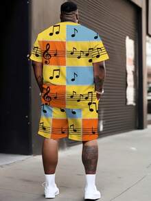 Ensemble T-shirt à manches courtes et short pour homme grande taille, imprimé notes de musique blocs de couleurs, coupe ample et dynamique. - Multicolore - Voir 2
