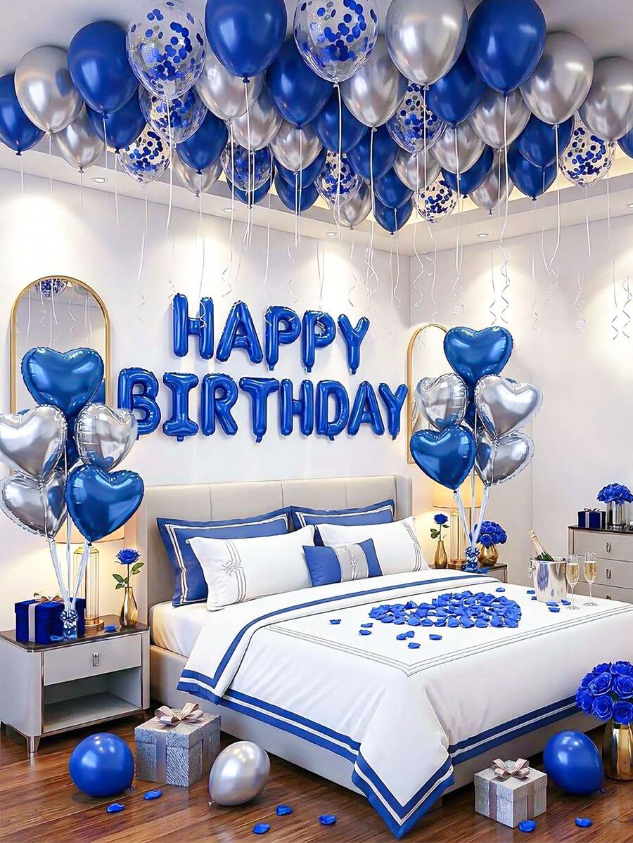 47件套蓝色生日装饰套装,包含蓝色字母气球、“生日快乐”横幅、心形铝箔气球、彩色亮片乳胶气球,优雅的蓝银色主题派对装饰——适用于生日、浪漫场合、订婚、婚礼、周年纪念日及各种庆祝活动——男女皆宜的现代风格——易于组装,营造完美派对氛围,也可用于装饰卧室或酒店房间。 - 藍色 - 查看 1