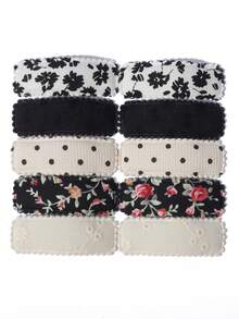 10pcs/Set Floral Embroidery Hair Clips, Countryside Style, Non-Damaging Bangs Clips, Daily & Date Wear Hair Accessories - Black and White - View 1