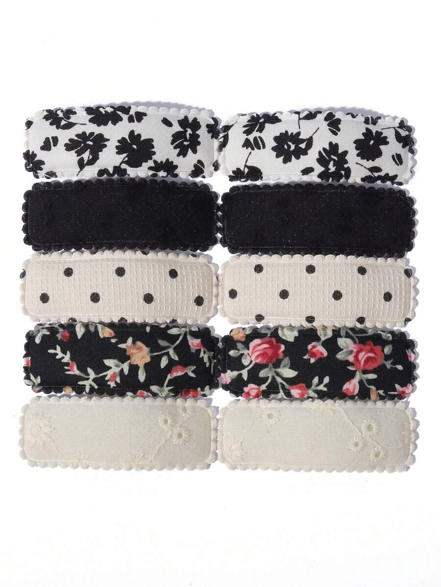 10pcs/Set Floral Embroidery Hair Clips, Countryside Style, Non-Damaging Bangs Clips, Daily & Date Wear Hair Accessories - Black and White - View 1