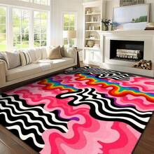 Printed Multi-Size Carpet With Rainbow Wave Pattern, Dazzling Abstract Style, Pink And Black Contrasting Colors, Dynamic Geometric Pattern, Available In Multiple Sizes For Studio And Balcony, Creating A Creative Atmosphere And Space Embellishment - 1PC - View 3