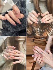 10片手工制作的短款杏仁形美甲贴纸，金色、白色、粉色，可爱猫眼设计，优雅奢华风格，饰有美甲装饰宝石，可重复使用，适合女性和女孩。 - 杏色 - 查看 5