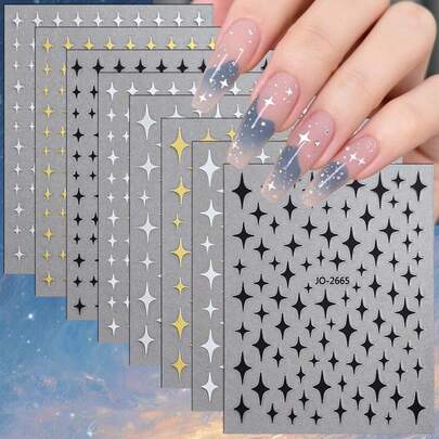 2/4 hojas de pegatinas de uñas con estrellas brillantes, diseños metálicos mínimos en dorado, plateado y negro, calcomanías de uñas DIY con arte de uñas lindo y simple