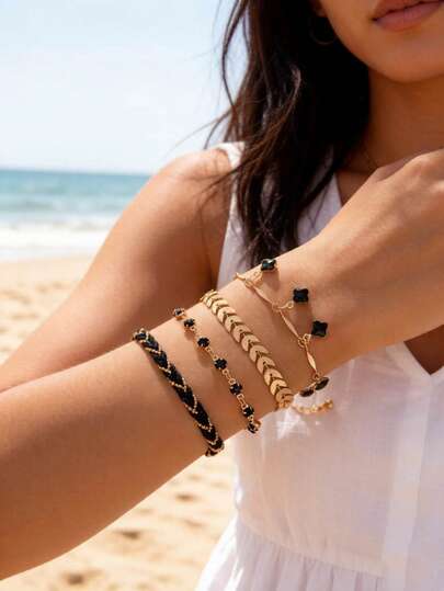 imoli 4 pièces/set Bracelet géométrique vintage en métal tressé avec strass, convient pour le cadeau de bijoux superposés quotidiens pour femmes