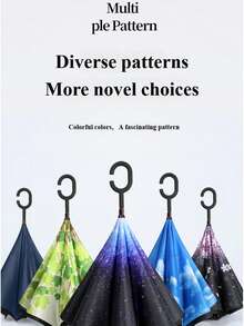 1pc C-Handle Reverse Umbrella, Waterproof Printed Canopy, Hands-Free For Car & Daily Use - Multicolor - View 6