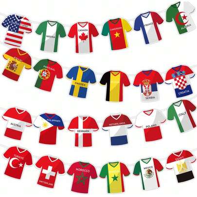 Băng rôn chủ đề World Cup 2026 dành cho Mỹ, Canada, Mexico, cờ áo đấu bóng đá, nhãn dán trang trí, đồ trang trí tiệc World Cup, vật phẩm sự kiện và quà lưu niệm cho khán giả.
