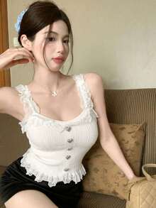 2026 Spring/Summer New Sweet Girl Style Lace Trim Knit Camisole, Elegant Heart Button Fitted Slim Tank Top, Versatile For Valentine's Day, Date, Commute - Milky White - View 7