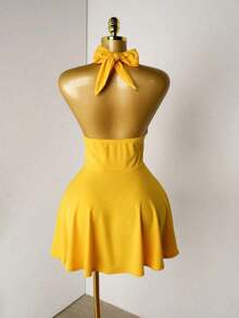 Vestido de verano de unicolor con escote halter y espalda descubierta para mujer - Amarillo 2 - Ver 2