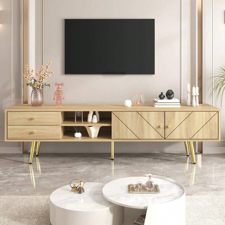 160cm TV Stand With Gold Legs, Two Drawers And Exclusive Design Doors. - Khaki - View 1