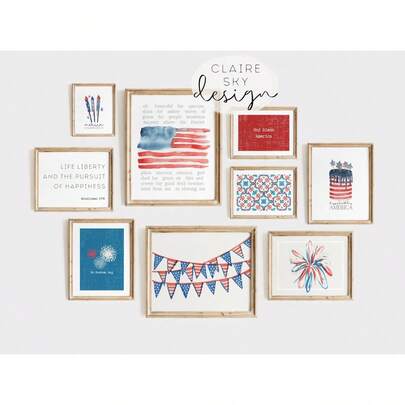 "9pcs/Set July 4th Theme Gallery Wall Set, July 4th Theme Print | Independence Day Printable Wall Decoration | Patriotic Red, White And Blue Decoration. "