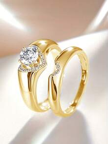 2pcs Luxurious Cubic Zirconia Stone Rings, Suitable For Women, Ideal For Weddings, Engagements, Anniversary Parties, Valentine's Day Gifts - Yellow Gold - View 3