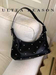 Bolso bandolera de PU con decoración de remaches, correa de hombro ajustable con cierre de cremallera, versátil para universidad, ir al trabajo, compras, paseos, uso diario - Negro - Ver 11