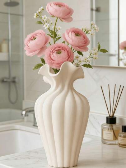 1pc Elegant Wavy Rim Vertical Texture Ceramic Vase, Suitable As Refined Tabletop Decor For Living Room, Dining Table, Bedroom Or Bathroom, Can Hold Fresh Flowers, Roses, Peonies Or Artificial Floral Arrangements, Modern Minimalist Artistic Home Accent