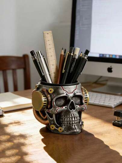 1pc Vintage Mechanical Skull Pen Holder, Retro Industrial Style Resin Pen Holder, Cool Personalized Desktop Decor