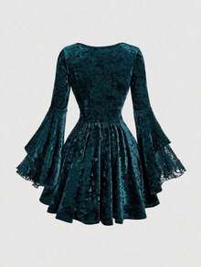 MOD Vestido mini de mujer con dobladillo de volantes, parches de encaje y terciopelo con cordón - Verde - Ver 3