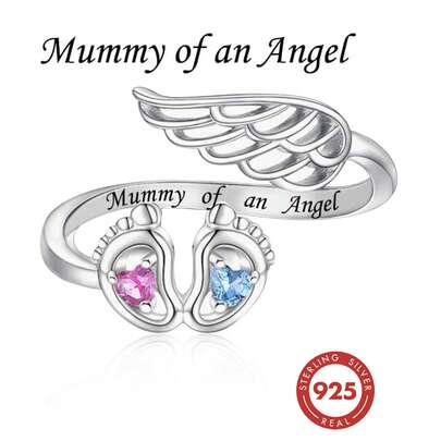 HuooNew 1 pieza Anillo abierto de plata de ley 925 con huella de bebé y alas de ángel, grabado con "Mamá ángel", con gema en forma de corazón incrustada, regalo conmemorativo de pérdida de bebé para mamá, joyería conmemorativa de pérdida infantil, anillo de bebé ángel