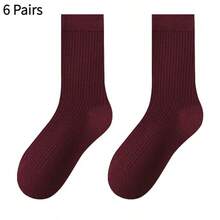 6 Pairs Solid Color Vertical Stripe Slouch Socks, Versatile All-Match Mid-Calf Socks For Women, 1/3/5/6/10 Pairs - Burgundy - View 10