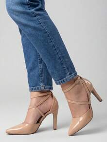 RE&TON Women's Pointed Toe Pump With 9cm Heel And Comfort Insole SC2 - Nude Varnish - View 1