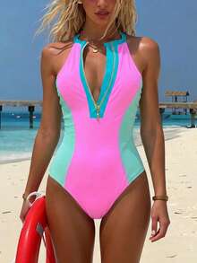 HaiiMeid Women's Zip-Up Colorblock Sleeveless Surfing Swimsuit Vacation Beach Summer - Multicolor - View 3