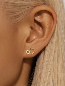 1 par de pendientes de plata de ley 925 con diseño minimalista de doble anillo entrelazado, estilo coreano chic de diseño pequeño y versátil, adecuado para uso diario de mujeres, pendientes circulares de delicados diamante de imitación con un toque sutil - redondo - Ver 2