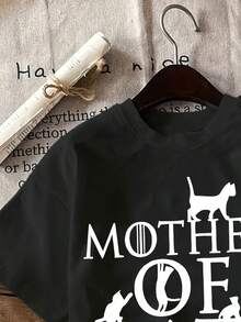 -Women's Casual Short-Sleeved Shirt - Graphic Print Of The Cat Era With Cat Silhouettes, White With Lettering, Washable Top For Spring And Summer. - Black - View 3
