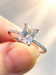 1 chiếc nhẫn cưới/đính hôn hình vuông bằng bạc Sterling S925 đính đá Cubic Zirconia, món quà trang sức thanh lịch và sang trọng để đeo hàng ngày dành tặng nàng. - Bạc - Xem 3