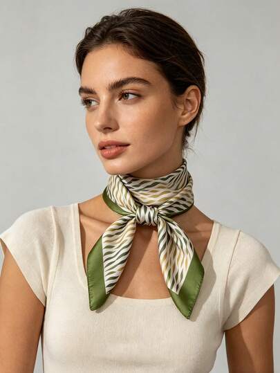 1 chiếc khăn choàng cổ satin màu xanh lá cây in họa tiết sọc lượn sóng, kích thước 65x65cm, nhẹ, đa năng, phù hợp cho mọi mùa, đi chơi hàng ngày, dự tiệc và du lịch.