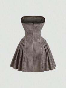 Vestido casual cómodo de corte evasé con bloque de color, lazo y estampado de pata de gallo, nuevo para otoño/invierno, color marrón - Verde militar - Ver 8