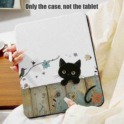Capa protetora de mesa com estampa de gato preto, pássaro e flores, suporte giratório 360°, compartimento para caneta, capa de couro PU com função de ativação/desativação automática, compatível com modelos populares de Apple e Honor, presente ideal para volta às aulas, Dia dos Namorados e feriados.