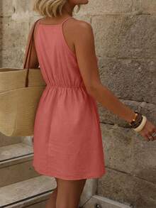 Vestido Curto Feminino Cor Sólida com Amarração na Cintura e Envoltório, Casual Elegante para Férias, Adequado para Uso Diário, Férias, Passeios, Festa Vermelha de Verão - Vermelho - Visão 5
