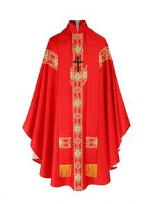 New European-Style Printed Mandarin Collar Robe, Made Of High-Quality Opaque Fabric, Crisp And Stylish Wear. Decorated With Exquisite Golden Four-Leaf Clover Patterns On The Chest And Hem, Fully Showcasing A Sacred And Solemn Ceremonial Atmosphere. Suitable For Church Service, Easter, Christmas Choir Performance - Red - View 9