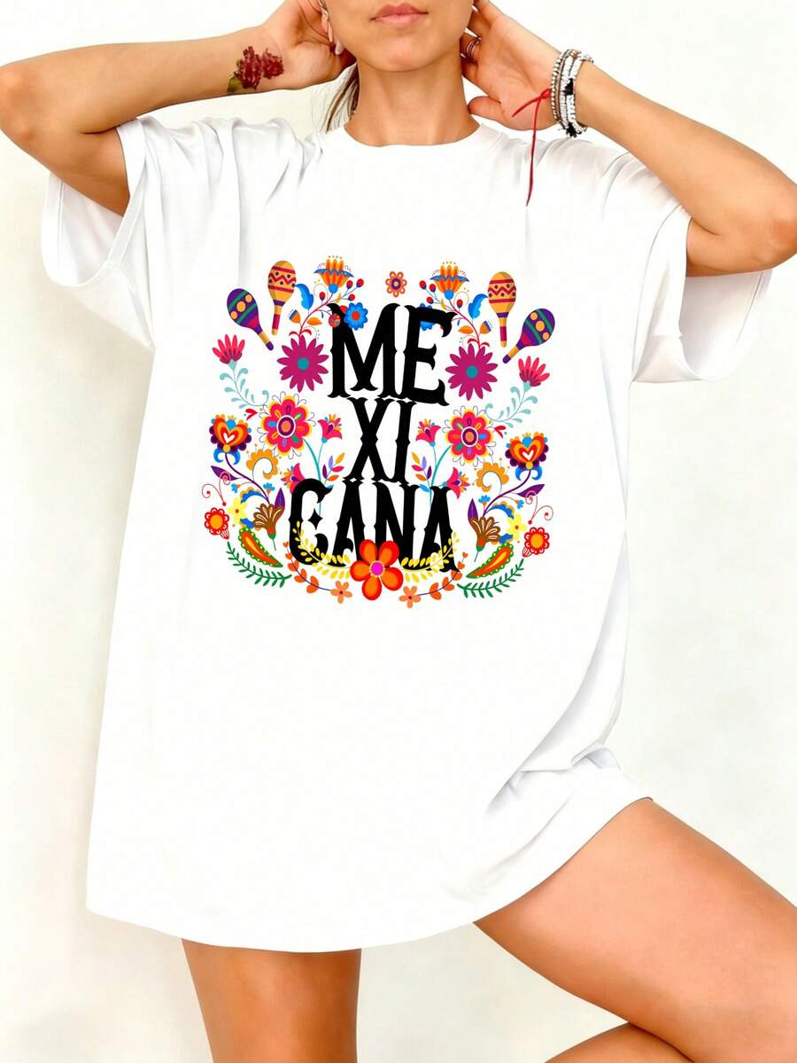Camiseta Blanca con Estampado Mexicano y Texto Mexicana para Fiesta - Blanco - Ver 1